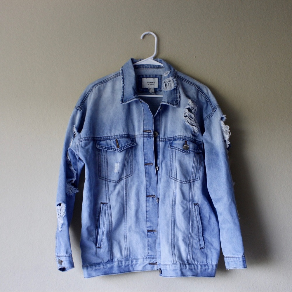 Oversized distressed light denim jacket